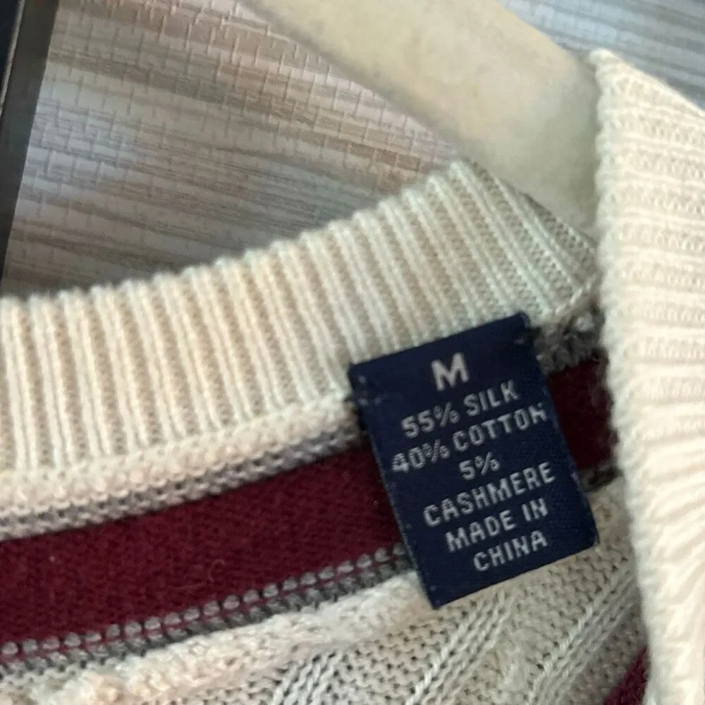 Austin Reed London silk cotton cashmere V-neck cream cable knit sweat sweater lo
